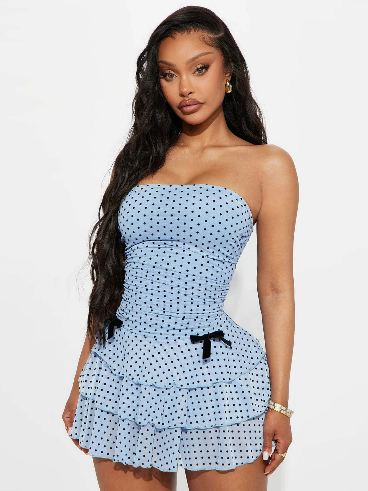 Strapless Waist Polka Dots Mesh Cake Skirt Bow Mini&Short Dresses