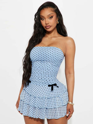 Strapless Waist Polka Dots Mesh Cake Skirt Bow Mini&Short Dresses