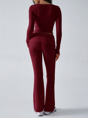 V-neck Pleats Long-sleeved Top And Trousers Sports And Leisure 2-piece Sets