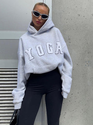 Grey Embroidered YOGA Letter Print Oversized Hooded Sweatshirt