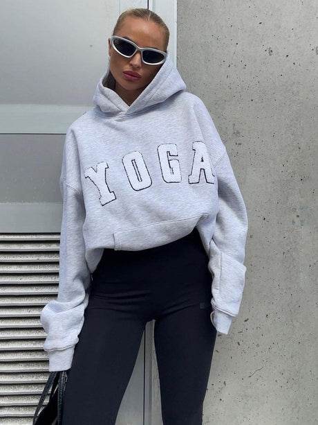 Grey Embroidered YOGA Letter Print Oversized Hooded Sweatshirt