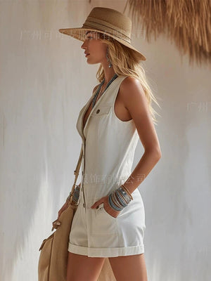 Sleeveless Button Decoration Pocket Shorts Jumpsuits