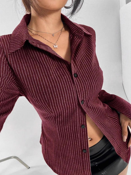Claret Lapel Button Stripes Slim Fit Shirts