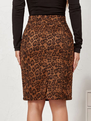 Leopard Suede Zipper High Waist Skirts
