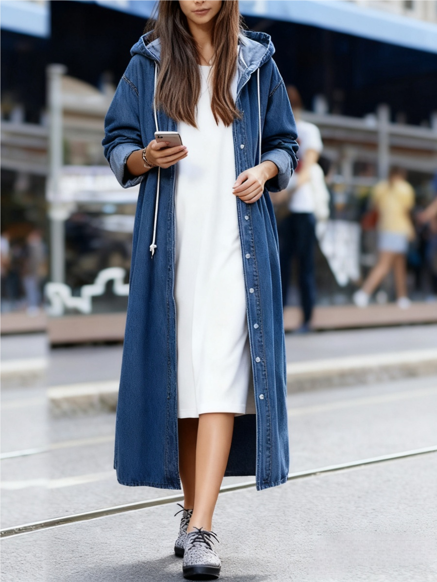 Long Denim Jacket, Loose Fit Casual Style Hooded Coat