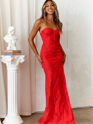 Liber Autumn women's prints Sweetheart Collar High-slit tube-top long dress