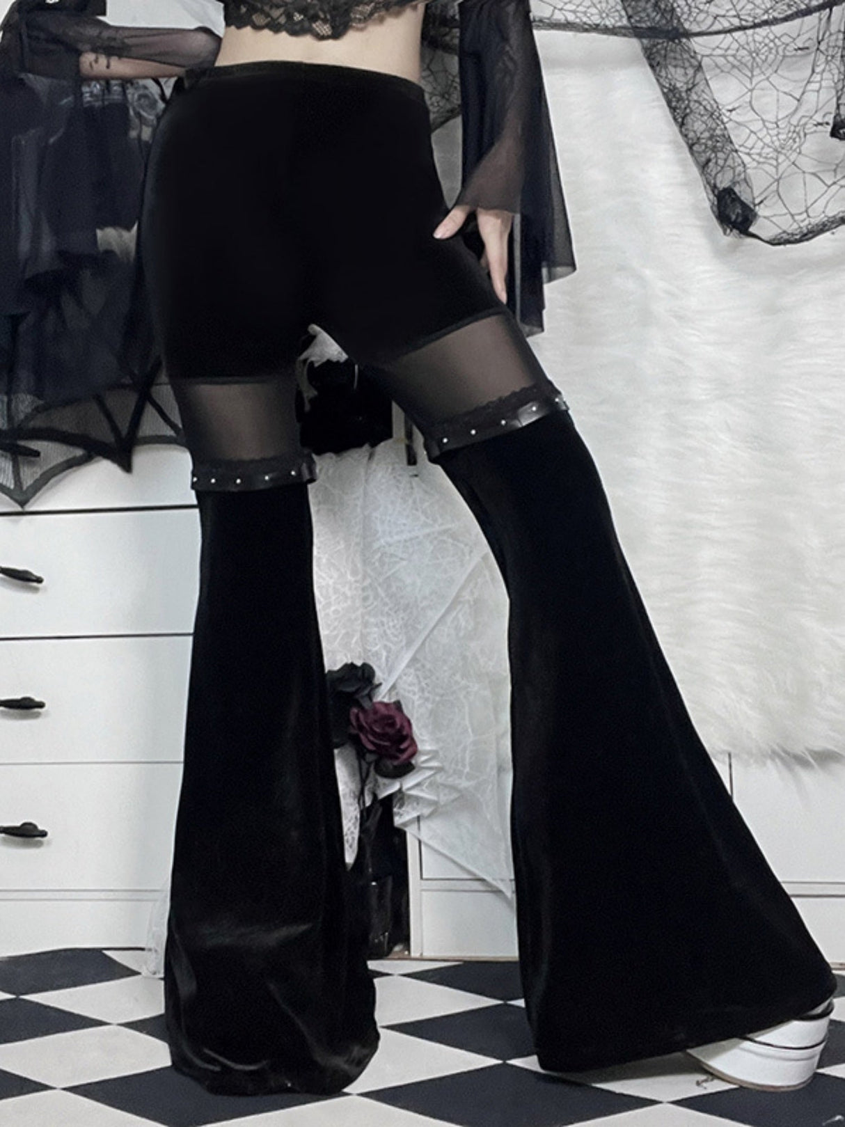 Y2K Velvet Mesh Patchwork Perspective High-waisted Flared Pants Slimming Pants