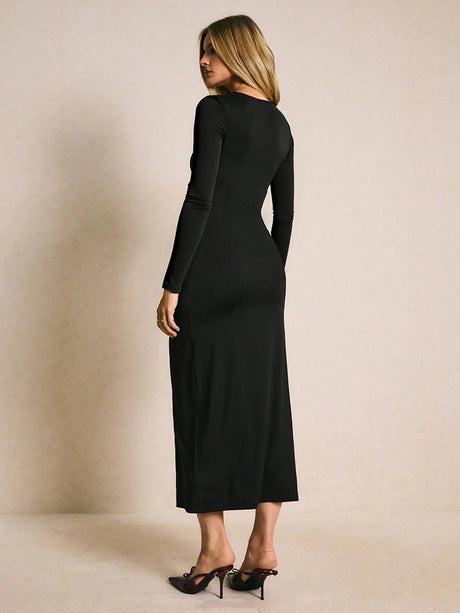 Metal Buckle, Waist-cinching, Slimming, Side-slit, Long-sleeved Black Maxi Dress