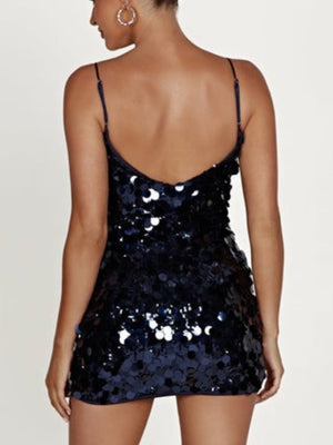 Robes courtes et mini à sequins, décolleté en V, bretelles spaghetti et dos nu