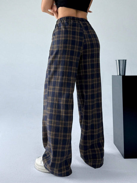 Plaid Lace-up Elastic Waist Straight-leg Pants Casual Christmas Everyday Pants