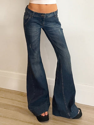 Low-rise Micro-flared Distressed Wash Buttons Jeans