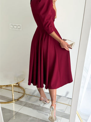 V-neck, Fitted Waist Pleated Big Swing Daily Casual Midi Dress