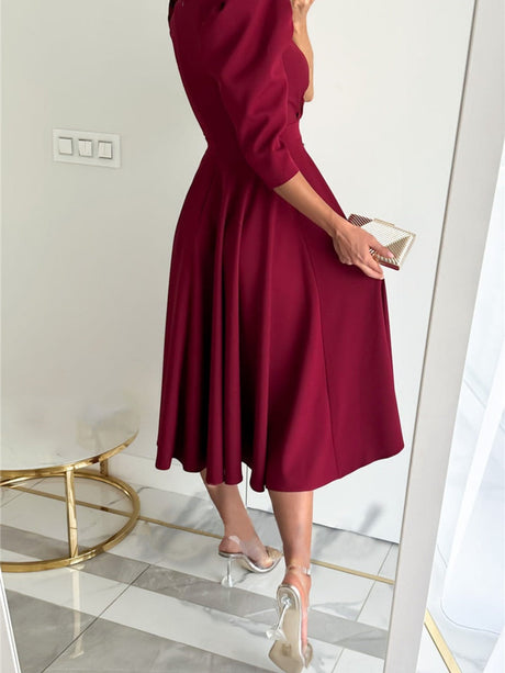 V-neck, Fitted Waist Pleated Big Swing Daily Casual Midi Dress