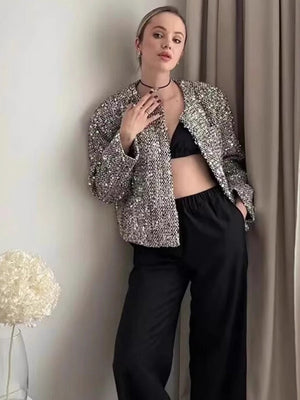 Tweed sequins Buttons Crew Neck Silver jacket