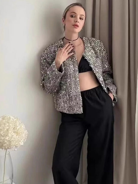 Tweed sequins Buttons Crew Neck Silver jacket