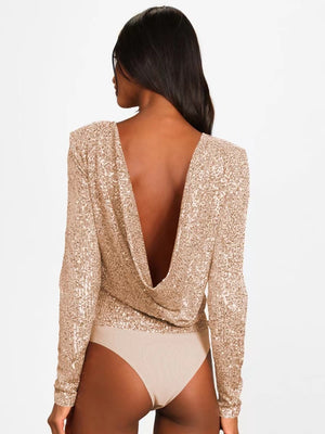 Long-sleeved, Slim-fit, Round Neck, Shimmering, Openwork Bodysuit