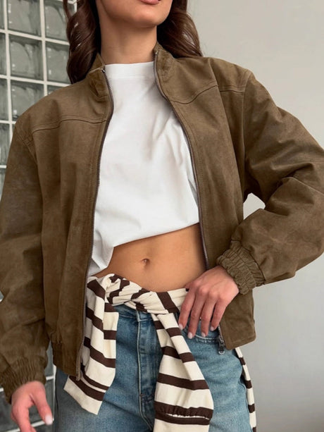 Basic Suede Zipper Khaki Jacket