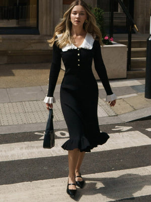 Color-blocked Ribbed Edge Lapel Buttons Maxi Dresses