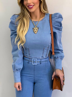 Puff Sleeves Long Sleeve Denim T-shirt