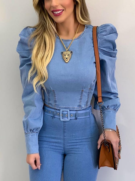 Puff Sleeves Long Sleeve Denim T-shirt