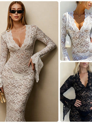 Lace Hip-hugging Flared Sleeves Maxi Dresses