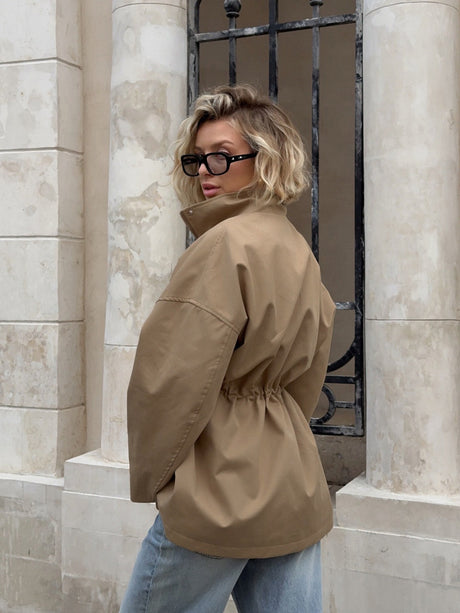 Stand-up Collar Mid-length Drawstring Waist Pure Cotton Trench Coat