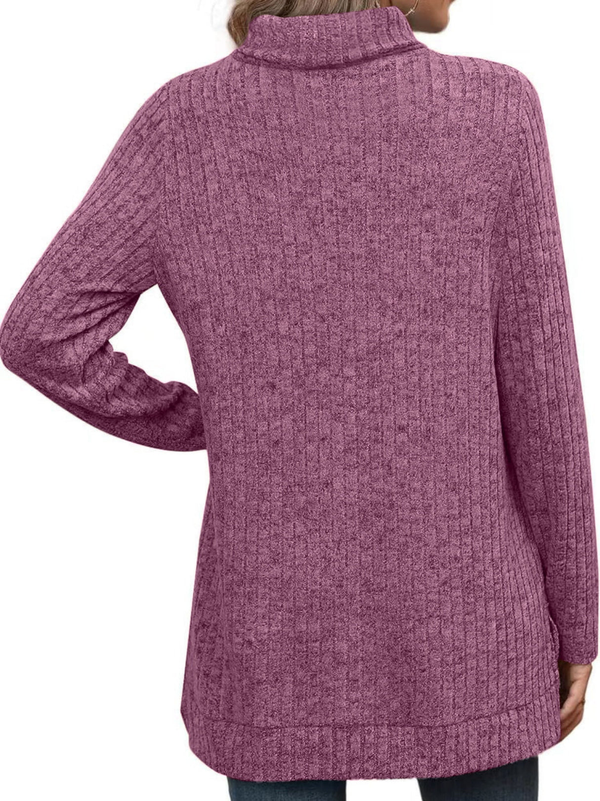 Threaded Groove Strip High Neck With Slits Long Sleeves T-shirts