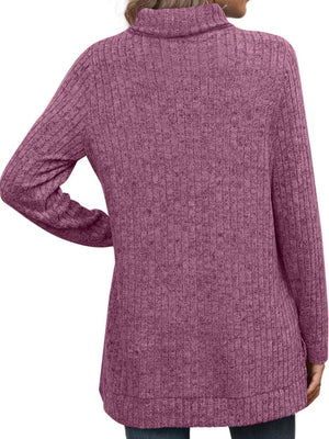 Threaded Groove Strip High Neck With Slits Long Sleeves T-shirts