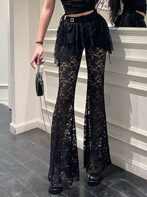 Y2K Lace Patchwork Hollowed-out Perspective High-waisted Flared Pants Slimming Pants