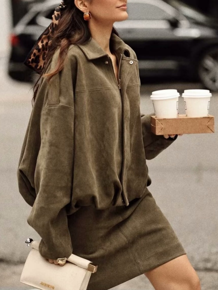 Suede Commuter Casual Style Long-sleeved Zipper Textured Jacket