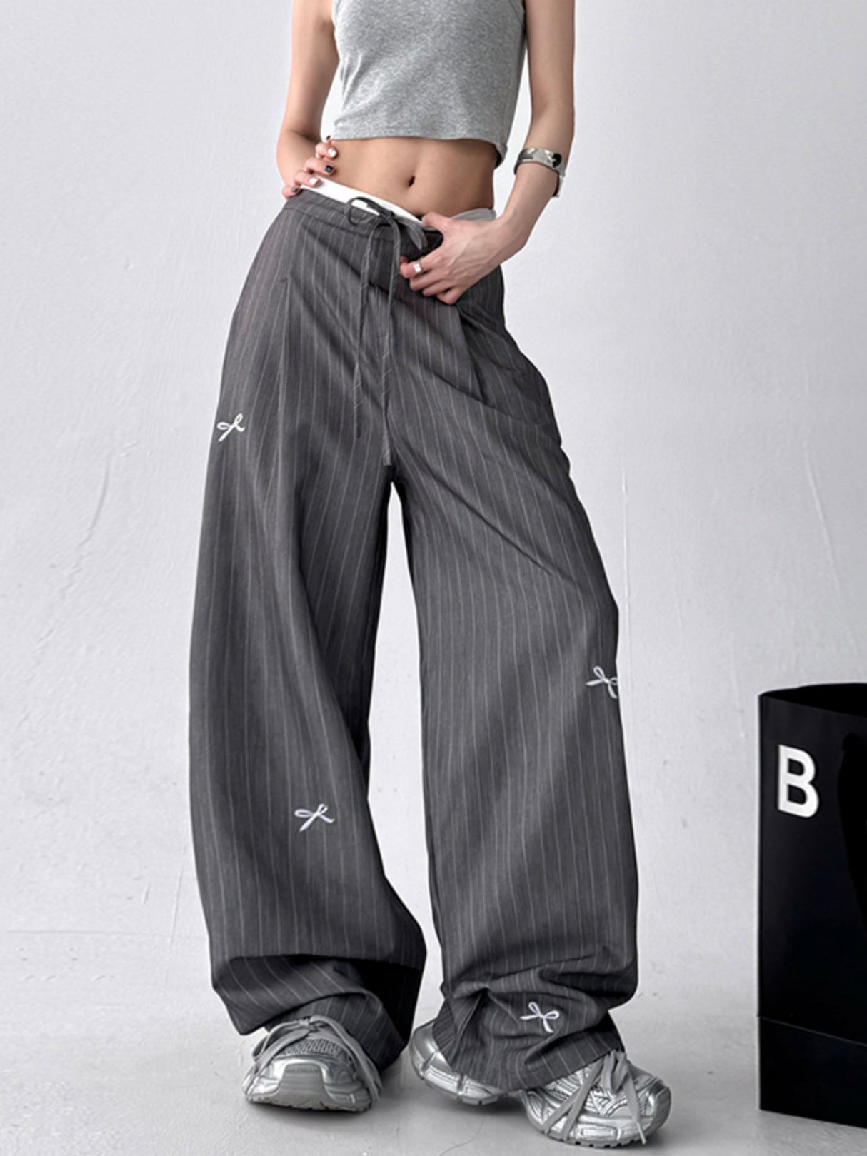 Striped Bow Tie Wide-leg Pants Casual High-waist Straight Gray High-end Summer Suit Trousers