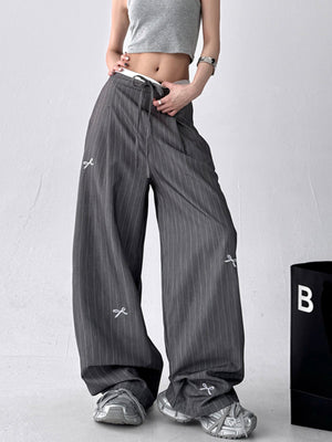 Striped Bow Tie Wide-leg Pants Casual High-waist Straight Gray High-end Summer Suit Trousers