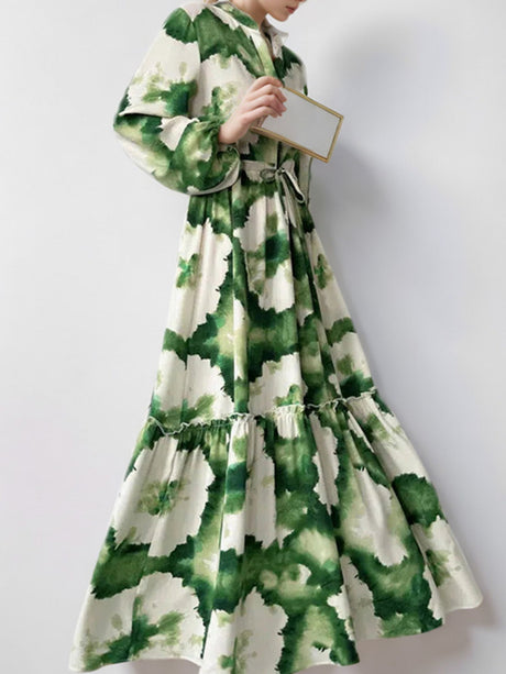 Robe maxi à imprimé floral, col V, manches lanternes et jupe ample