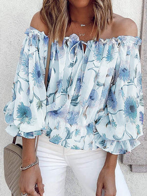 Floral Print Off-Shoulder Chiffon T-Shirt