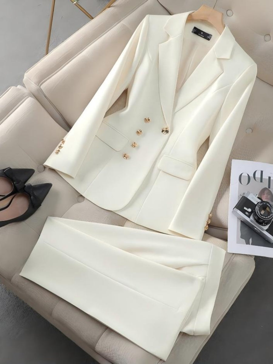 Solid Color Gold Button Decoration Blazers Trousers 2-piece Sets