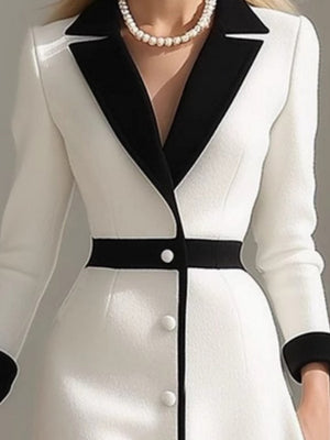 French Lapel Black And White Color Blocking High Waist Three-quarter Sleeves Workplace Midi Dresses