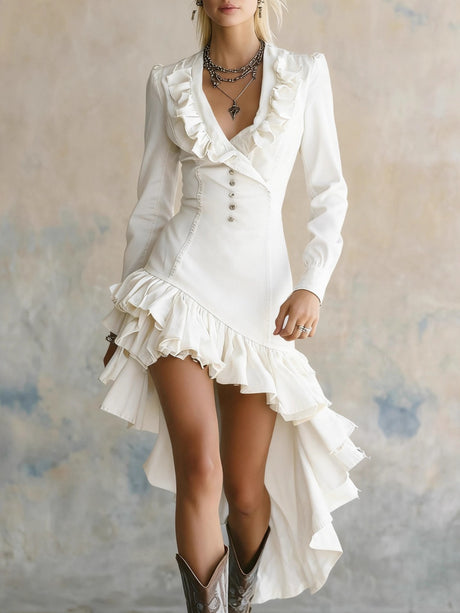 Retro Western Country Style Ruffled No-wash Denim Midi Dress