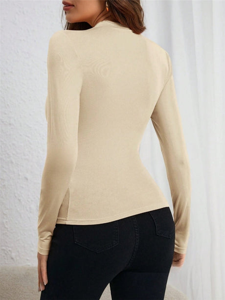 Asymmetrical Neckline Pleated Sides Long-sleeved T-shirt