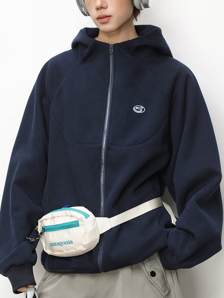 Boxy Color-blocked Embroidery Hoodies Cardigan