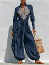 V-neck Tie-up Embroidered Loose-fitting Jumpsuit