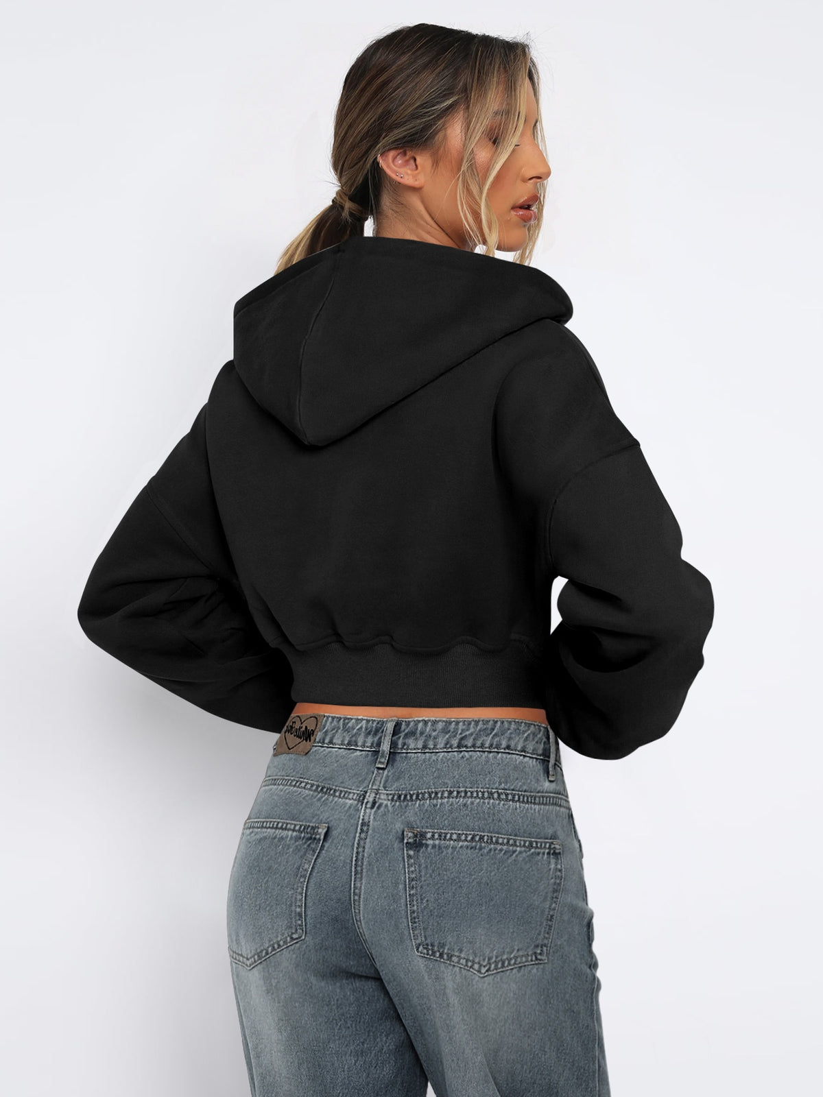Women's Autumn/Winter Solid Color Zipper Cardigan Long Sleeve Short Hooded Sweatshirt
