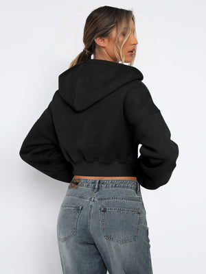 Women's Autumn/Winter Solid Color Zipper Cardigan Long Sleeve Short Hooded Sweatshirt