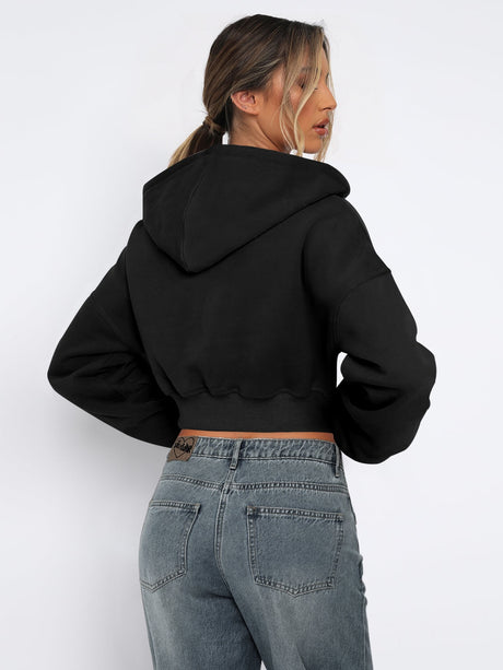 Women's Autumn/Winter Solid Color Zipper Cardigan Long Sleeve Short Hooded Sweatshirt