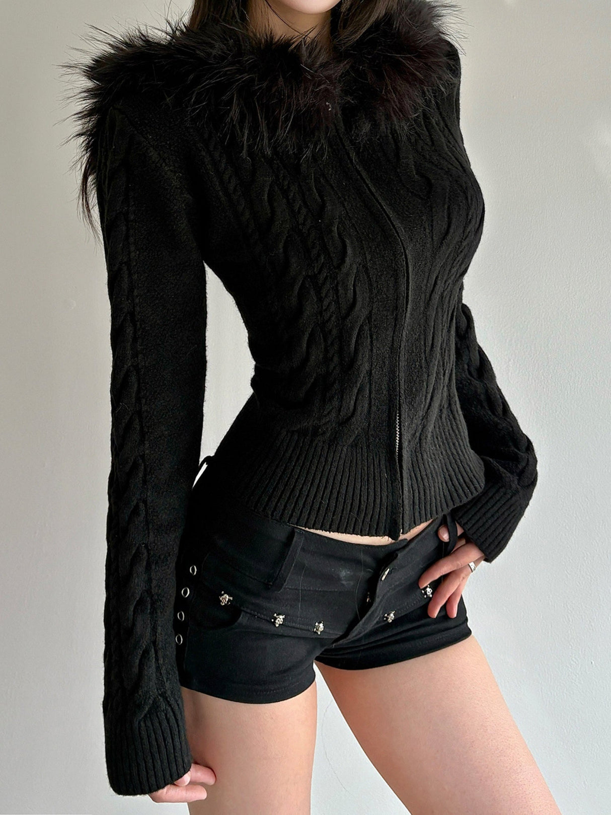 Plush Patchwork Hoodies Zipper Cable Knit Sweater Cardigans