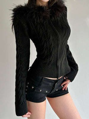 Plush Patchwork Hoodies Zipper Cable Knit Sweater Cardigans