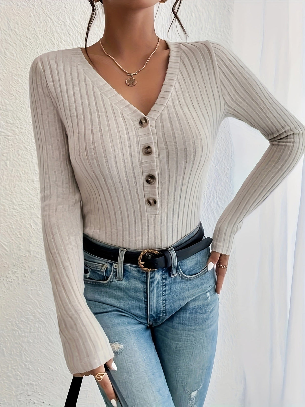 V-neck Button-down Long-sleeved Knitted Brushed Ribbed Bodysuit Top, European And American Style.