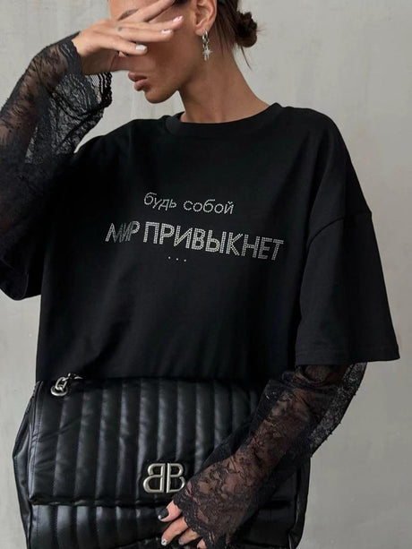 Liber Autumn women's printed ovserzie hot diamond pullover T-shirt