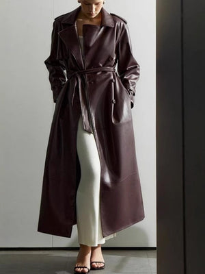 Claret Waist Lace Up Long Leather Jacket