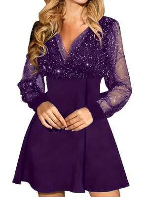 V-neck Mesh Splicing Long Sleeve Sequins A-pendulum Sexy Grace Party Short Dress
