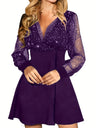 V-neck Mesh Splicing Long Sleeve Sequins A-pendulum Sexy Grace Party Short Dress